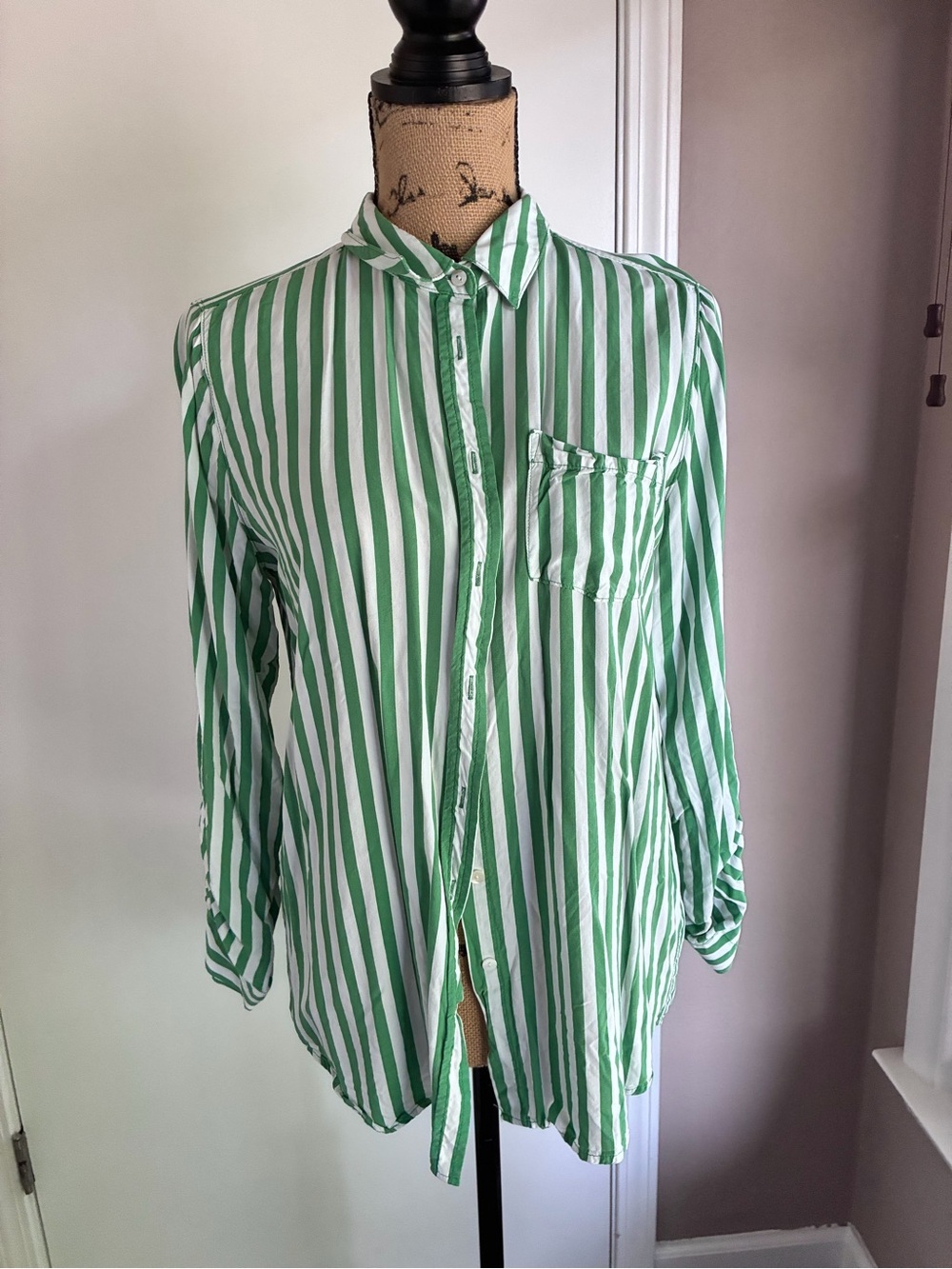 Jane and Delancey Green and White Vertical Stripe Button-Down Shirt
